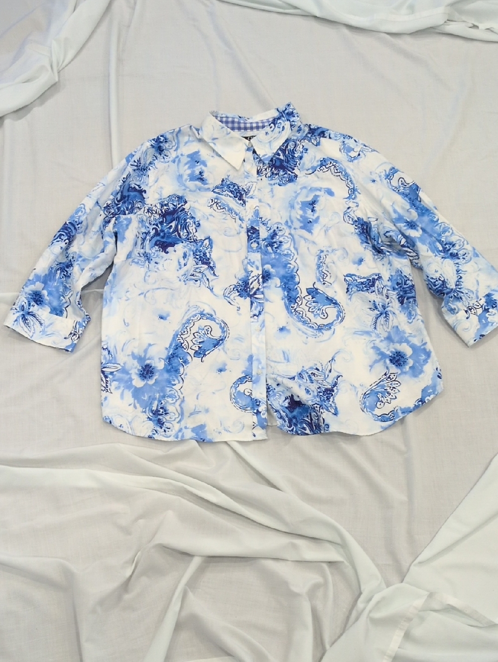 Chaps White and Blue Paisley Floral Button-Down Blouse